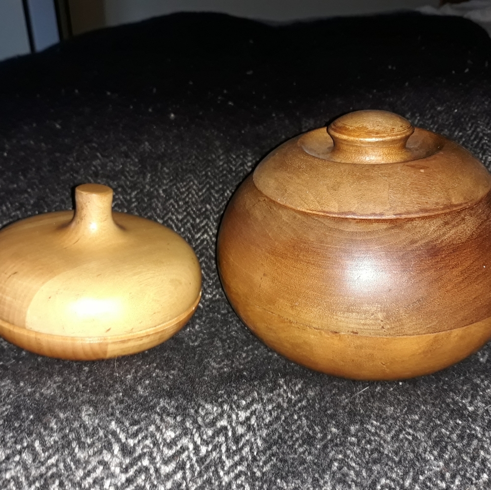 Two vintage round wood boxes